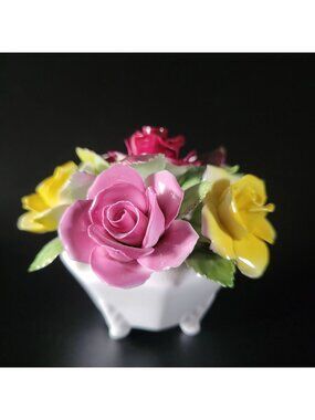 Small Vintage Royal Adderley Rose Floral Bouquet in Footed White Pot England